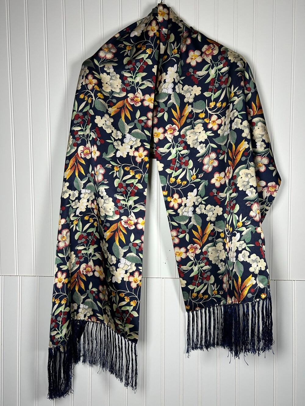 100% Silk Oriental Floral Shall / Scarf Tropical Style with Tassels 68”x19”